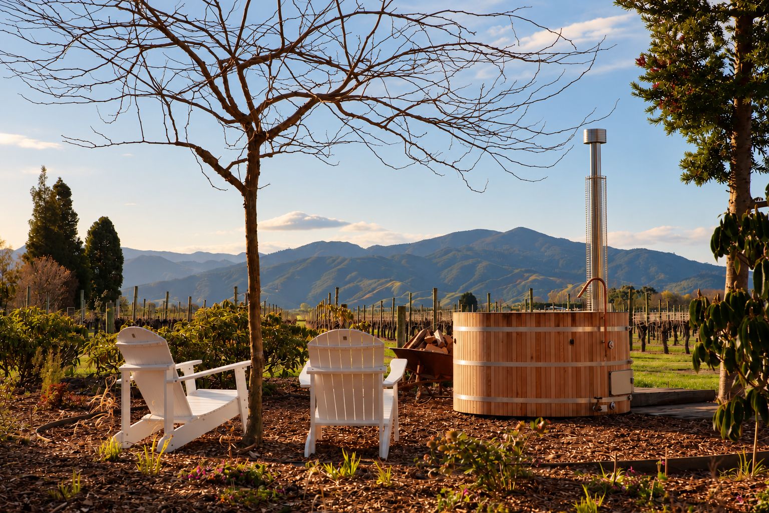 Un espace de détente extérieur rustique, avec deux chaises blanches et un tonneau en bois, le tout mis en valeur par un paysage de montagnes et de vignobles en arrière-plan.