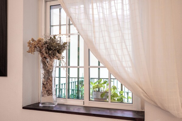 A window with a clear view of a balcony, a vase with dried flowers, and a potted plant. - Lovely apartment in the historic district of Seville (+ WiFi & AC) (Sevilla)