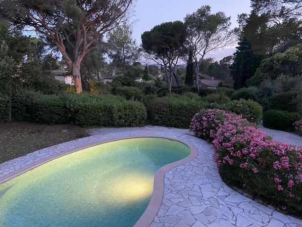 A curved swimming pool with stone tiles, surrounded by well-maintained hedges and flowering bushes.
