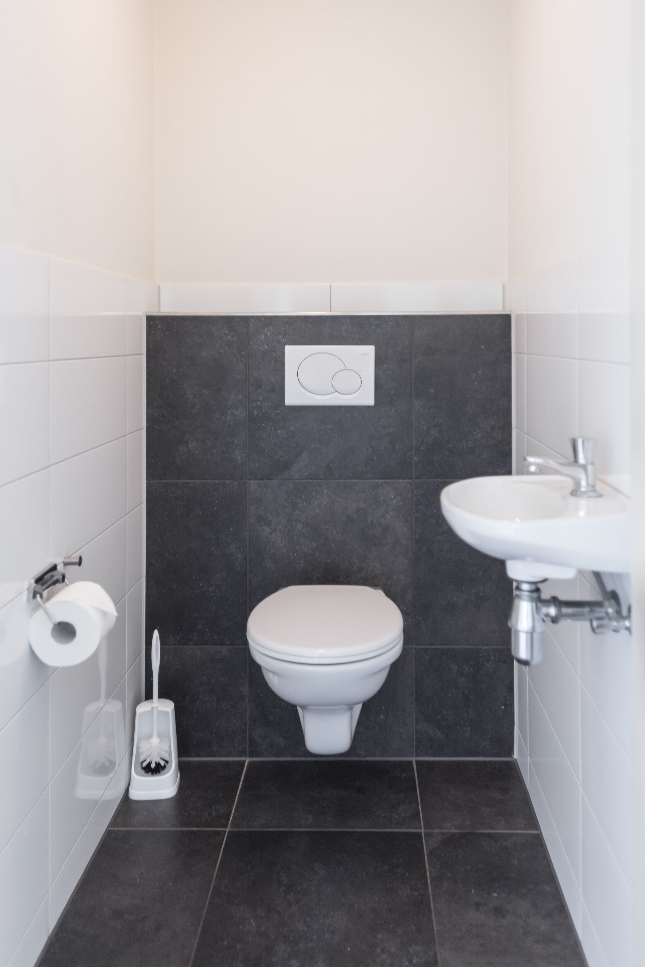 A small bathroom with a toilet, a sink, and a toilet paper holder.