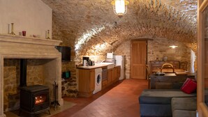 A stone-walled room with a fireplace, a washing machine, and a kitchenette.