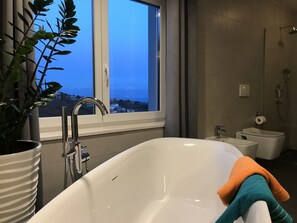 Chuveiro/banheira combinados, secador de cabelo, bidê, toalhas de banho