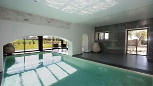Una piscina interior moderna amb una vista despejada a l'exterior, una paret de pedra i un gerro gran.