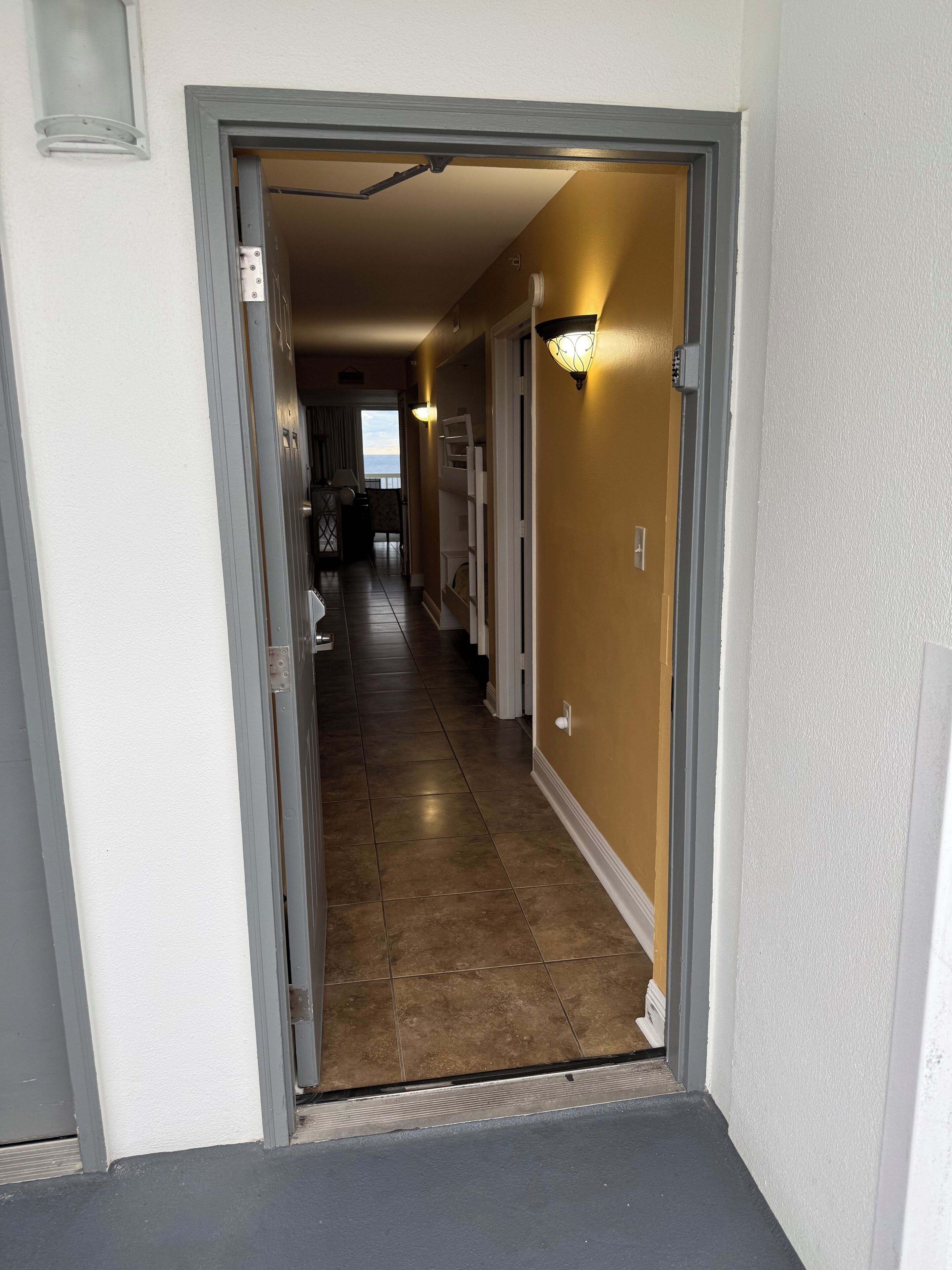 A hallway with a door leading to a room with a view.