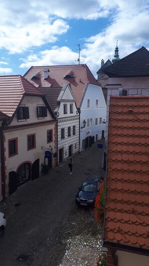 A cobblestone street with buildings featuring red-tiled roofs and a mix of architectural styles. - Pension PREMIUM (Cesky Krumlov)