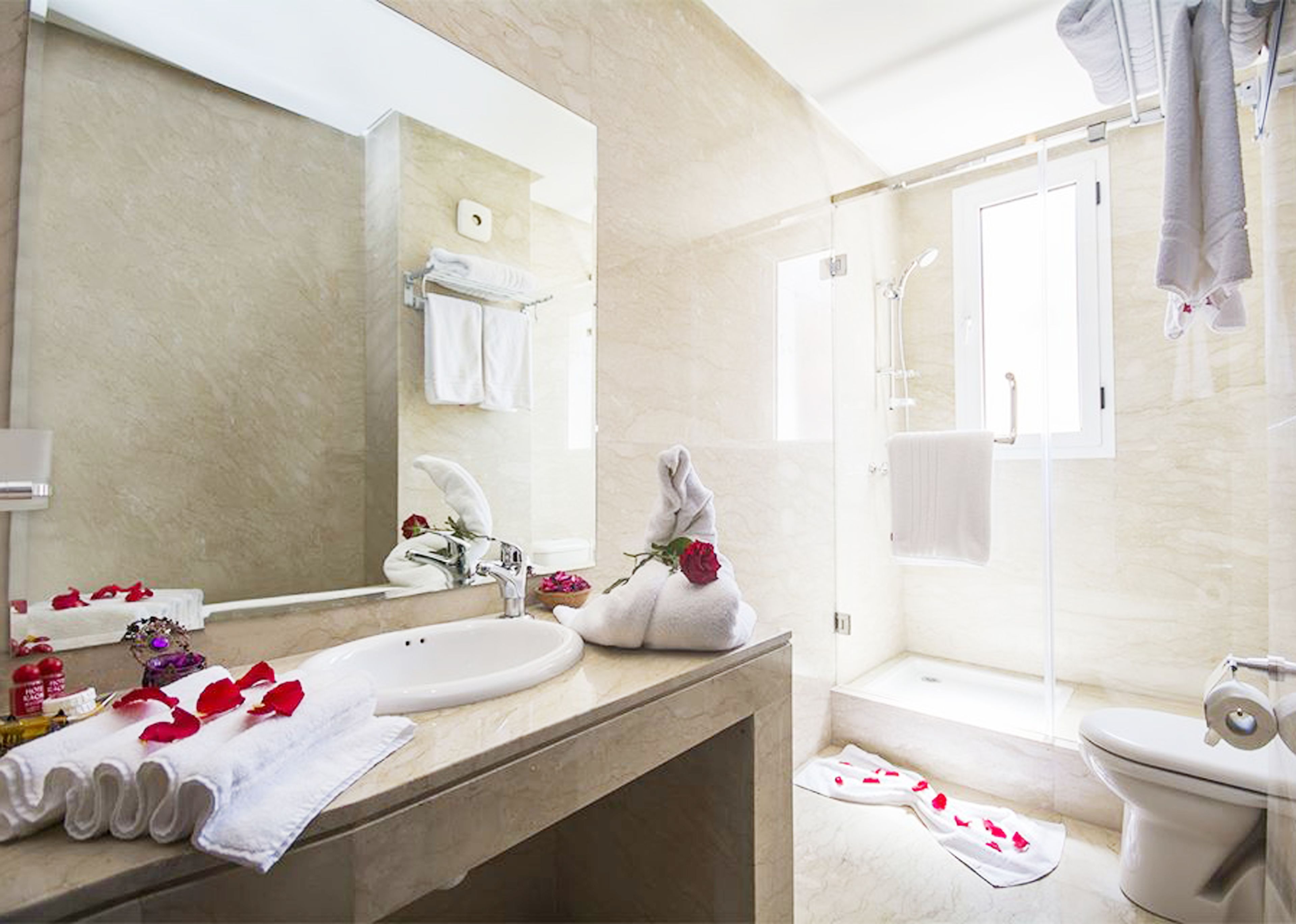 junior suite | bathroom | shower, free toiletries, hair dryer, towels