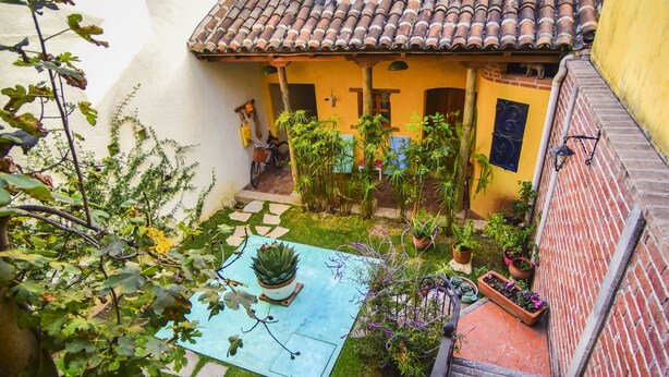 A courtyard with a swimming pool, potted plants, and a staircase leading to a building with a tiled roof. - Casa Francisco (San Cristóbal de las Casas)