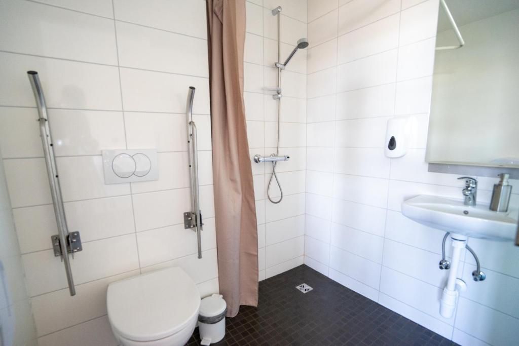 A bathroom with a toilet, a shower with a handheld showerhead, a sink with a mirror, and a towel rack.