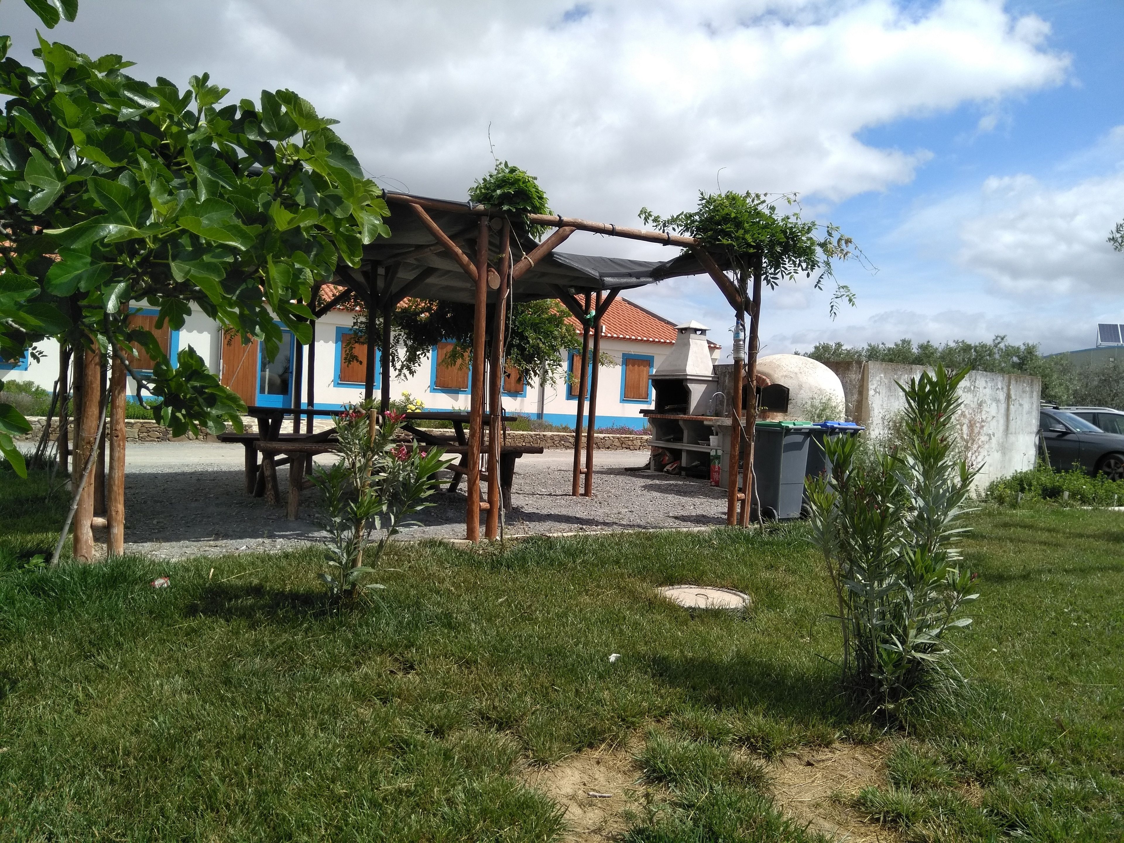 Un espacio al aire libre techado con una parrilla de barbacoa, rodeado de vegetación y un edificio con detalles azules al fondo.