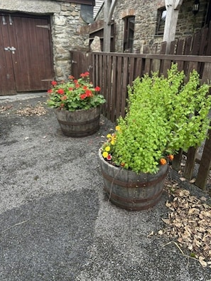 Ein Steinhaus mit einer Holztür und einem Holzzaun. Zwei große Pflanzgefäße mit Pflanzen und Blumen sind zu sehen.