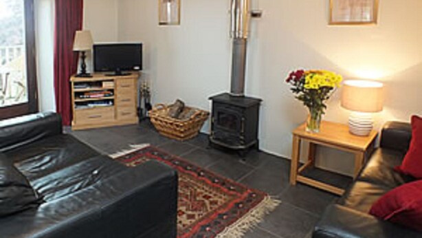 A living room with a black leather sofa, a television, a fireplace, and a small table with a lamp and flowers. - Keepers Cottage - sleeps 2 adults, 2 children and your dogs (Cornwall)