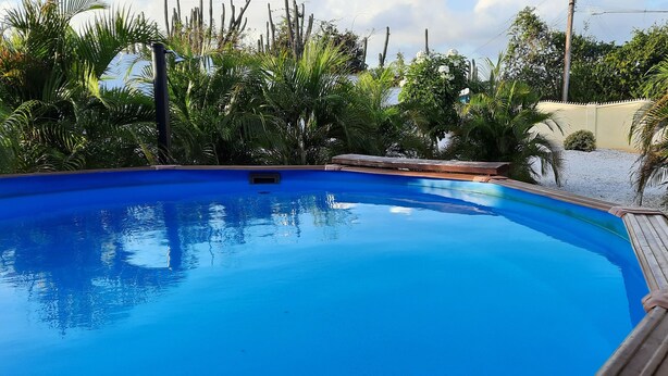 Una piscina azul cristalina rodeada de abundante vegetación, con una terraza de madera y un pilar blanco cercano.