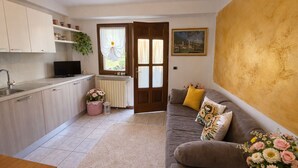A compact living space with a kitchenette, a sofa with floral cushions, a framed landscape painting, and a window with a curtain. - Casa Rosalia patio apartment (Tremosine)