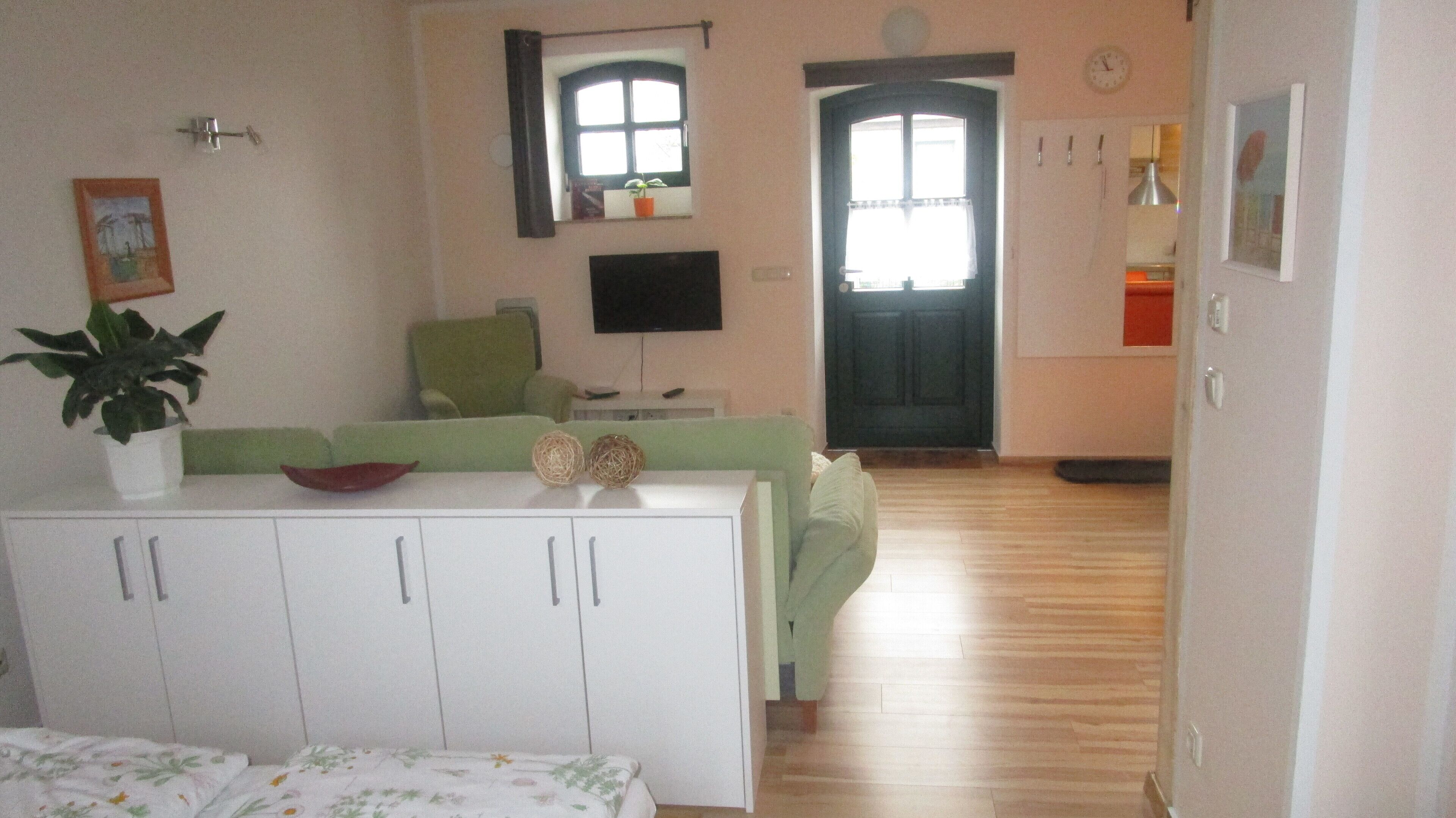 Ein Zimmer mit einem Bett, einem grünen Sofa, einem Fernseher, einer Tür und einem Fenster.