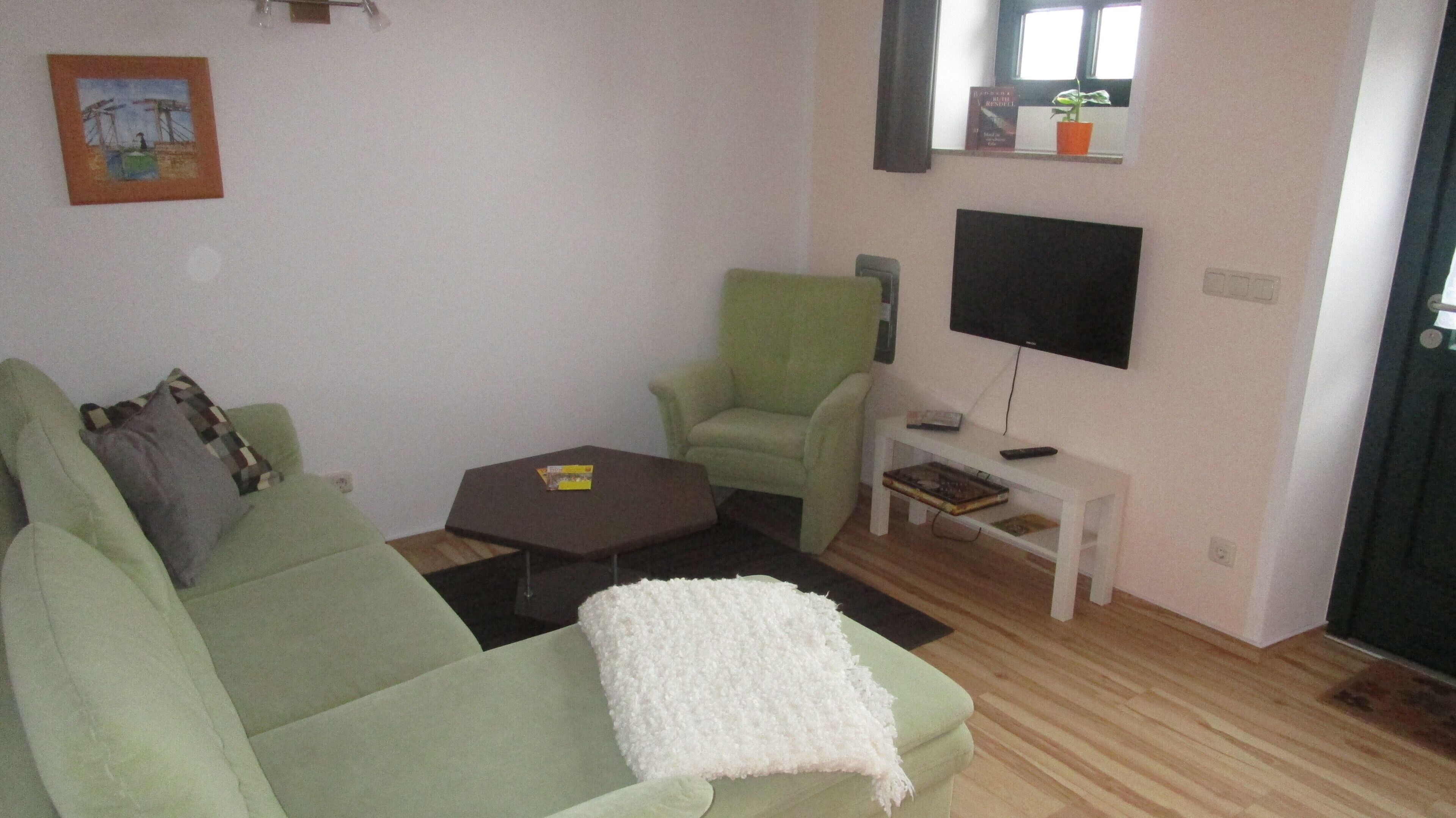 Un salón con un sofá verde, una mesita de centro pequeña, un sillón verde, un televisor sobre un mueble blanco y una estantería con libros y una planta.