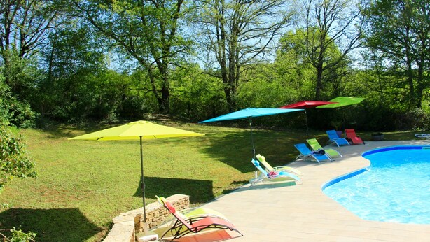 Ein Garten mit Schwimmbad, Liegestühlen und Sonnenschirmen.