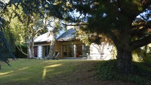 A house with a stone exterior, a large tree in front, and a grassy yard. - rent house in St Briac near golf and beaches, 9 people (Saint-Briac-sur-Mer)