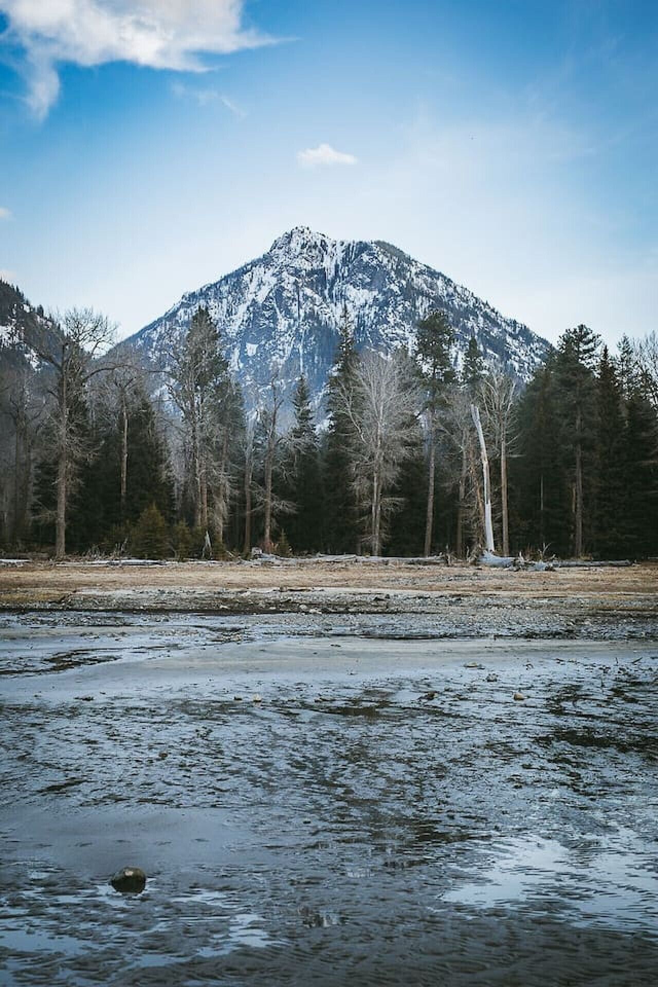 A mountain with a snow-capped peak, surrounded by trees and a river in the foreground.