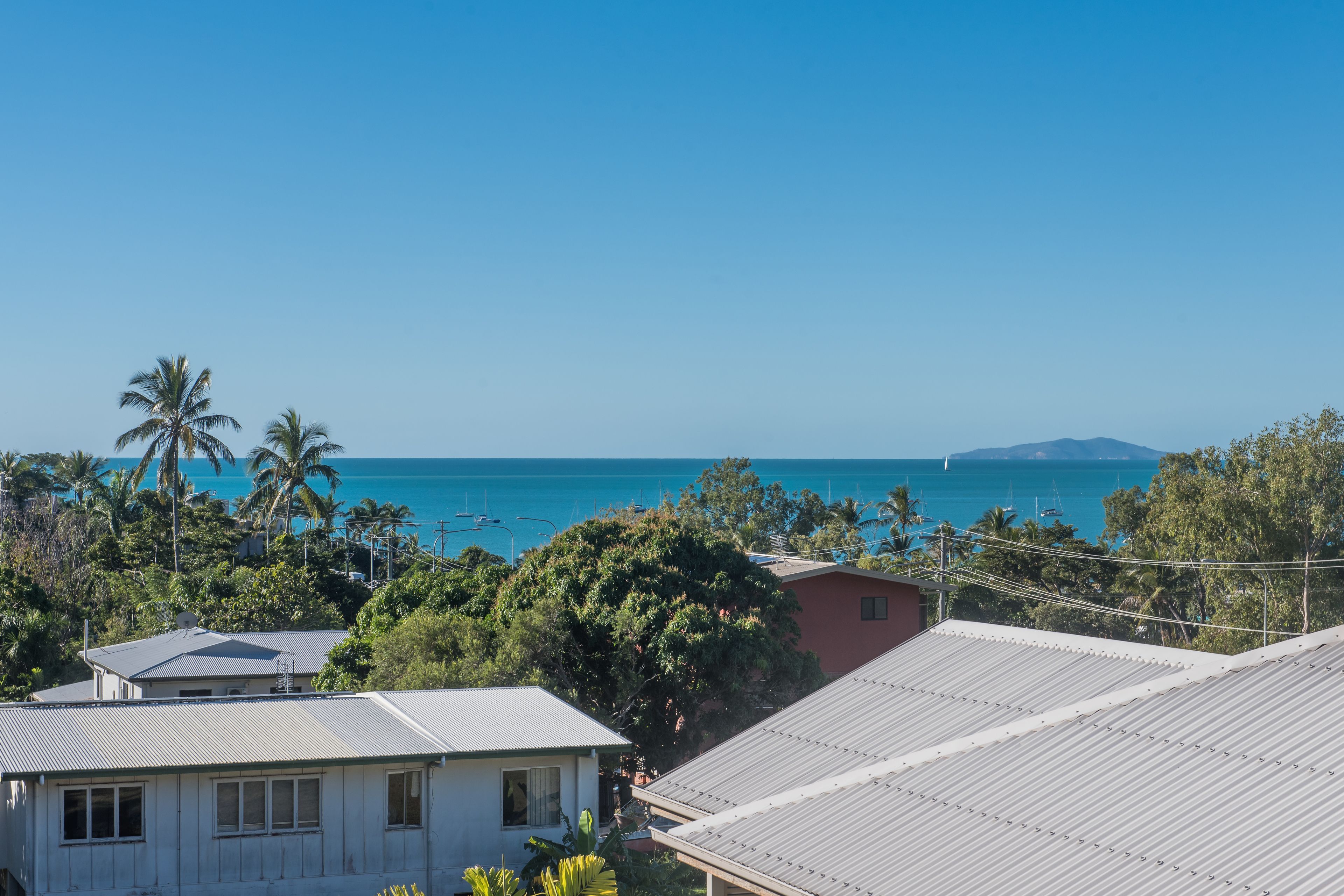 A coastal residential area with houses, palm trees, and a clear view of the ocean.