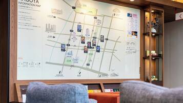 A Nagoya information map with a clear layout of streets and landmarks.