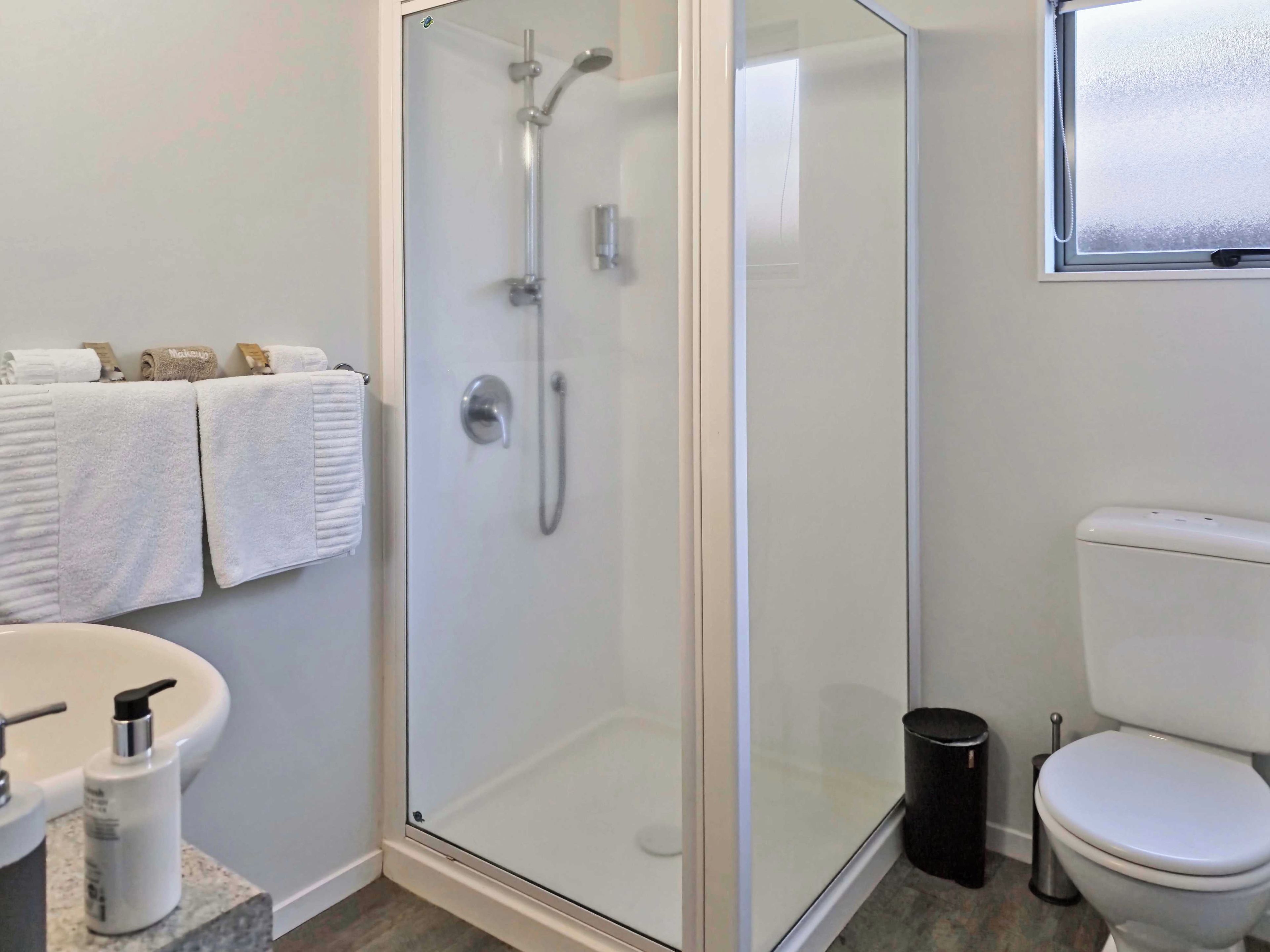 Un baño con ducha envuelta en vidrio, inodoro y lavamanos con dispensador de jabón.