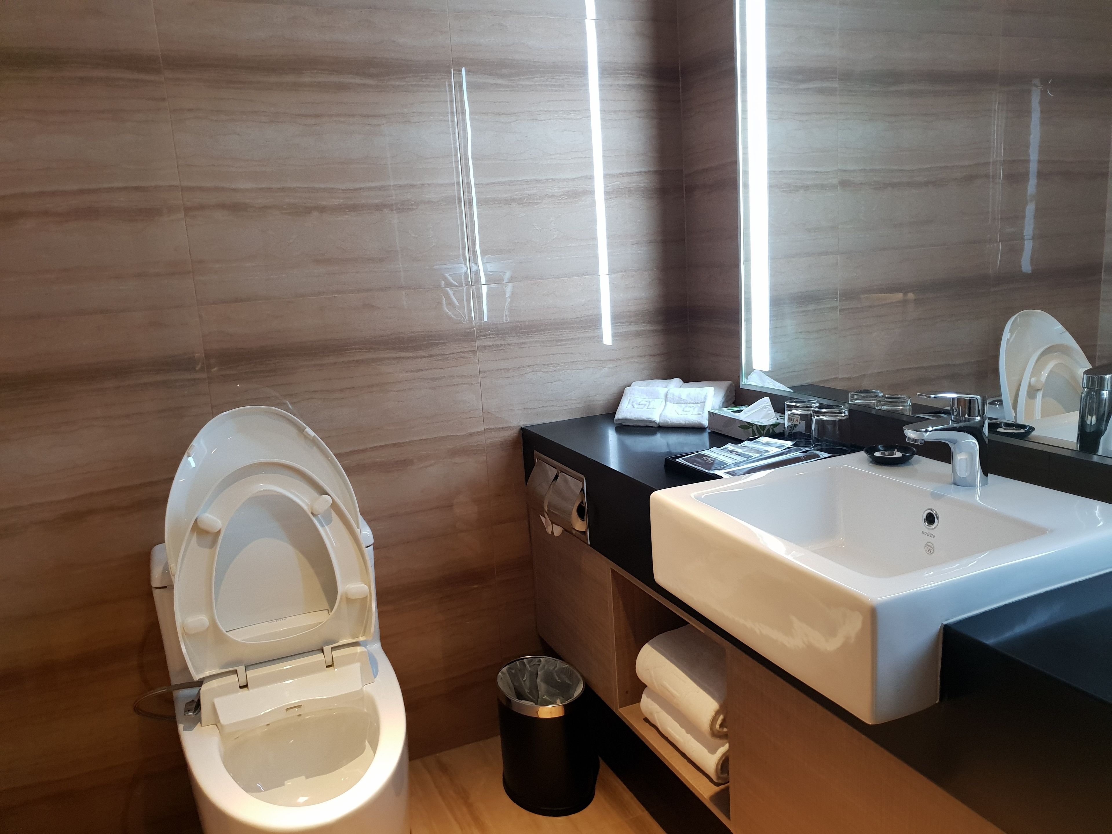 Een moderne badkamer met toilet, wastafel en spiegel.
