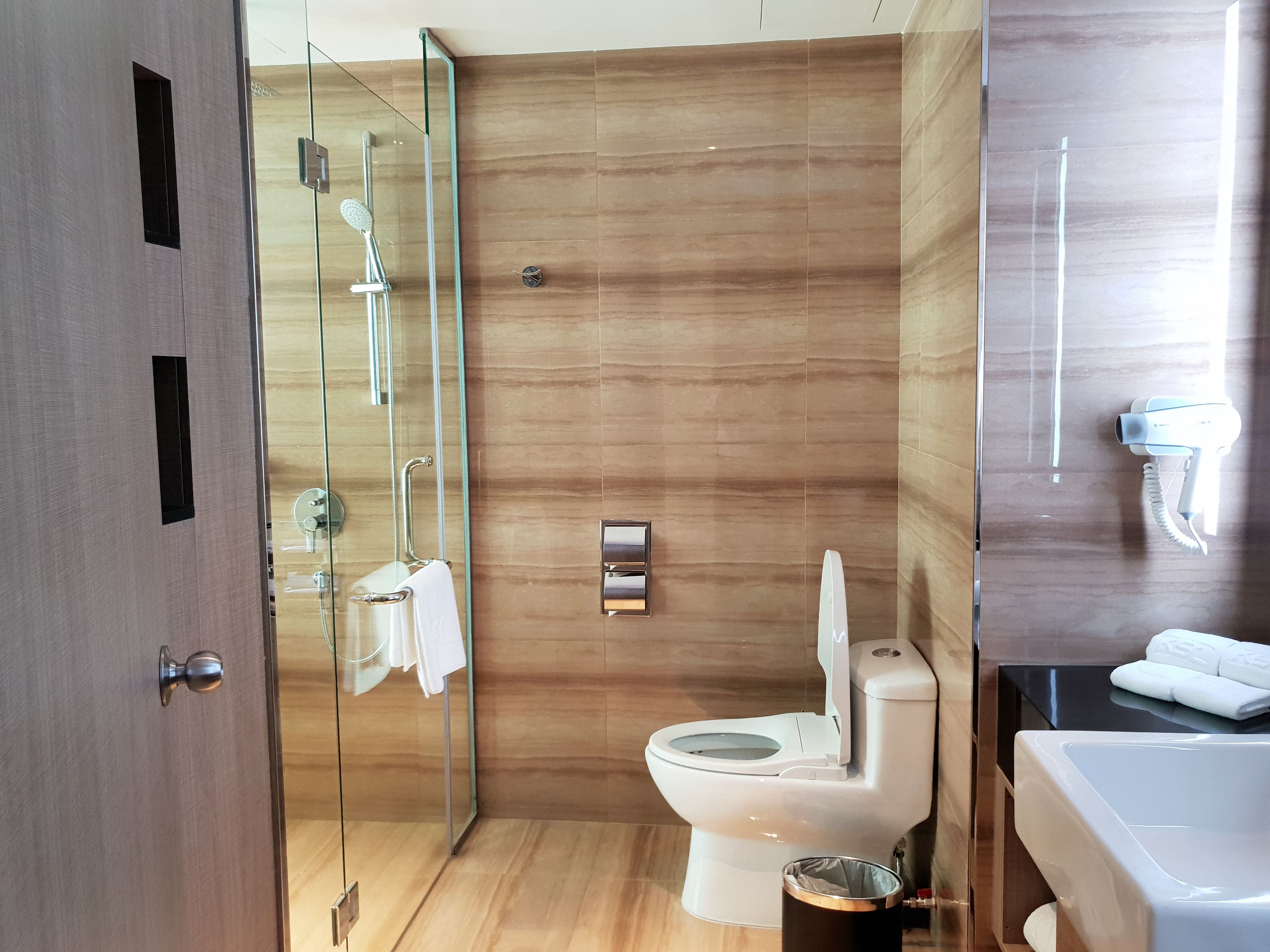 A modern bathroom with a glass shower enclosure, a toilet, and a bathtub.