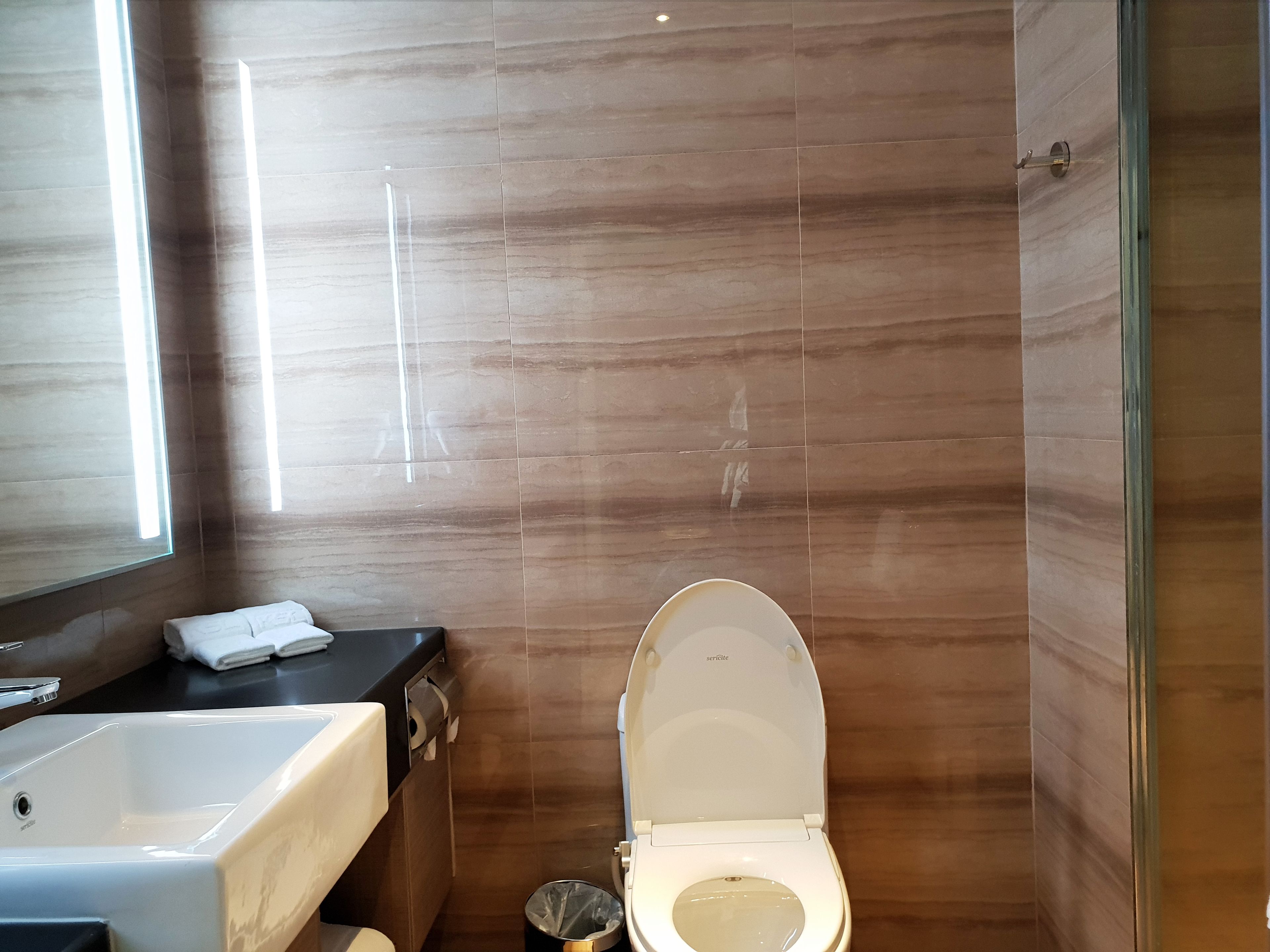 A modern bathroom with a white toilet, a sink, and a mirror.