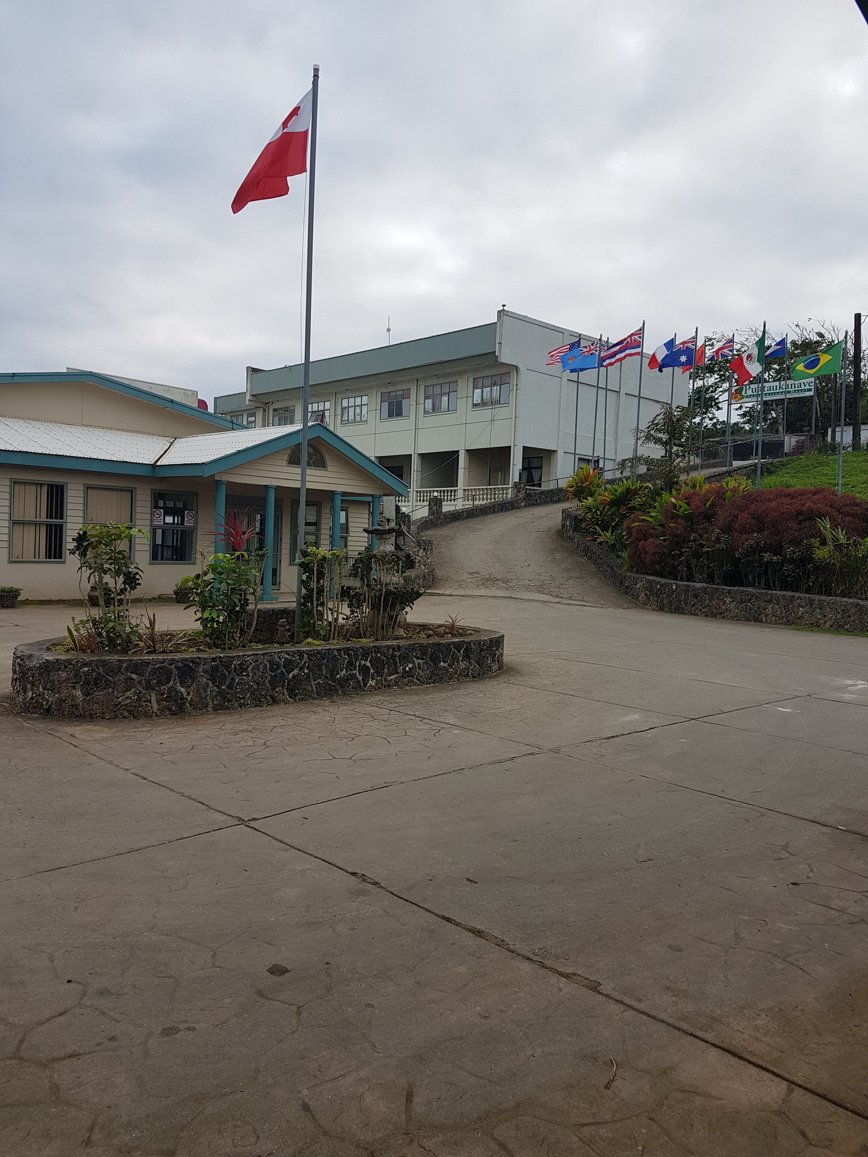 A building with a flagpole, a staircase, and a paved area with plants.
