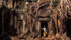 An ancient temple with intricate carvings and overgrown roots. - Angkor Sangrith Hostel (Siem Reap)
