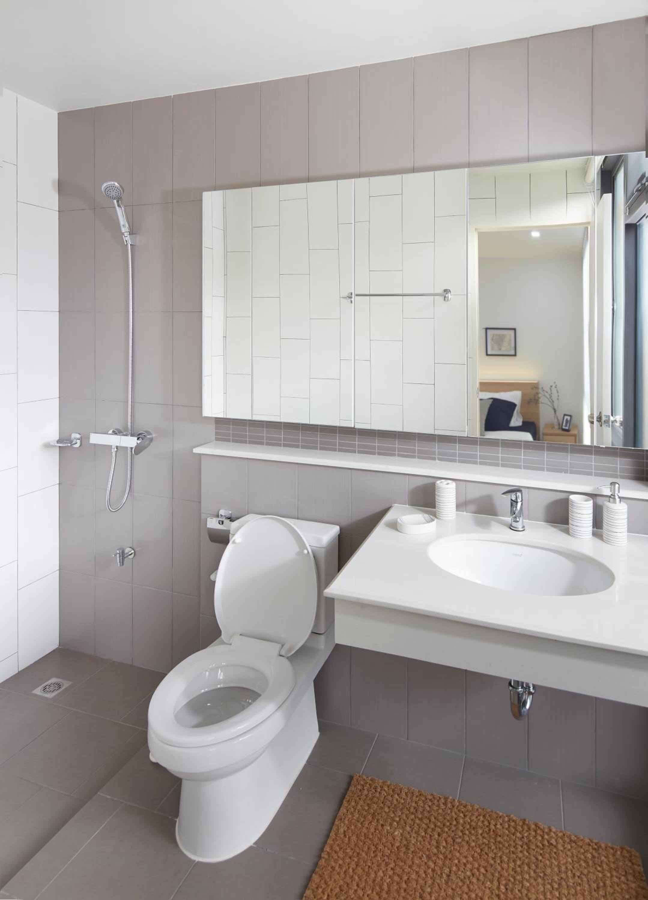 shower, rainfall showerhead, hair dryer, towels