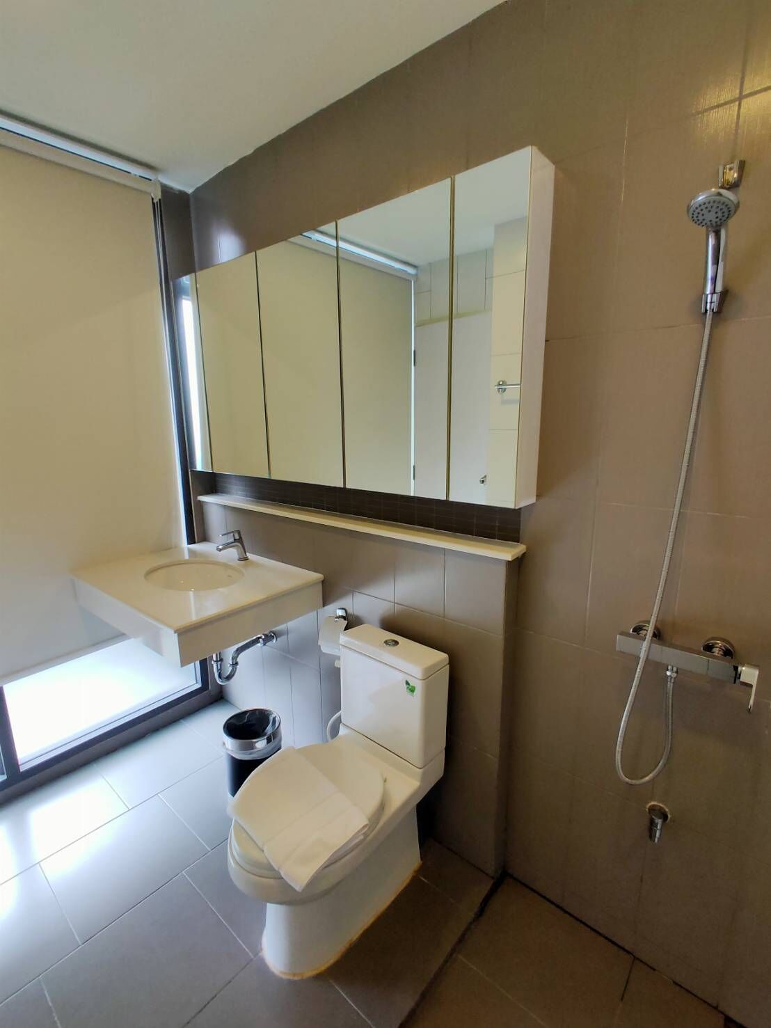 Un baño moderno con inodoro, lavabo y ducha.