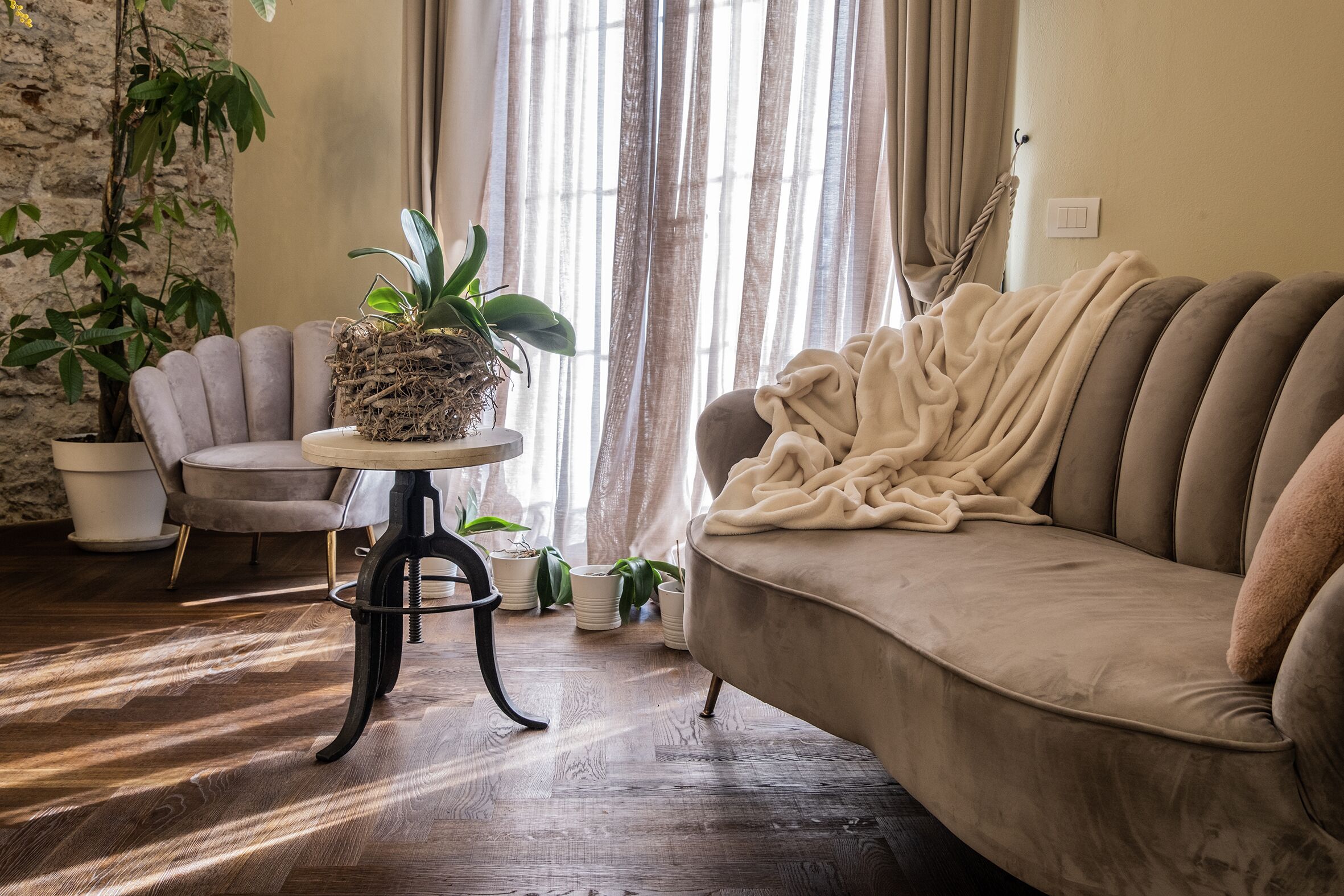 Una sala de estar acogedora con un sofá color beige, una mesa redonda con una planta en maceta y un sillón.