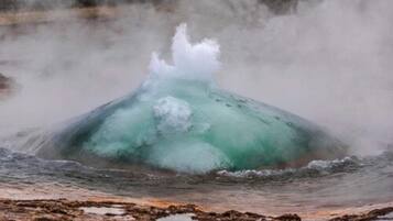 Un geyser dont on peut observer la colonne d’eau et la vapeur.