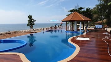 Outdoor pool, pool umbrellas, pool loungers