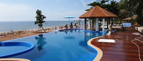 Outdoor pool, pool umbrellas, pool loungers