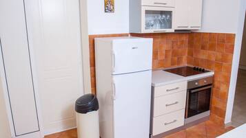 A compact kitchen with a refrigerator, oven, and sink.