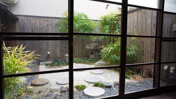 A view through a window with a garden featuring a wooden fence, bamboo plants, and stepping stones.