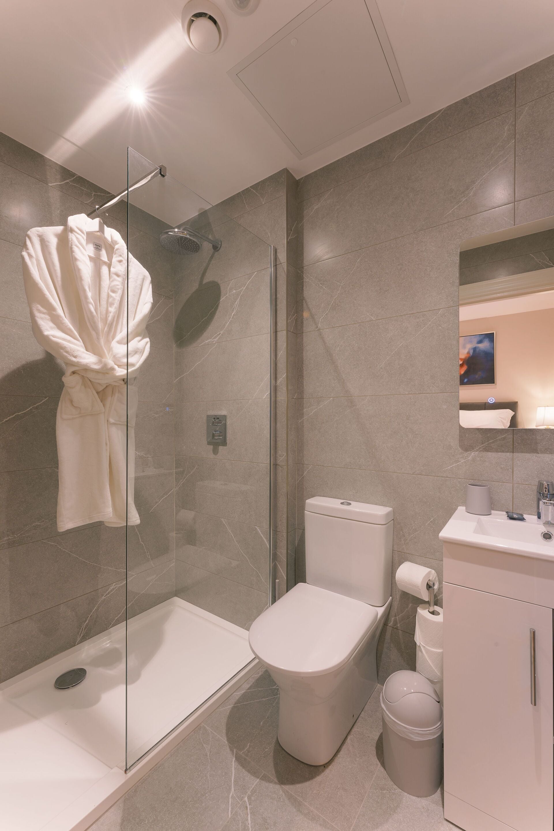 A modern bathroom with a glass-enclosed shower, a toilet, a sink, and a mirror.