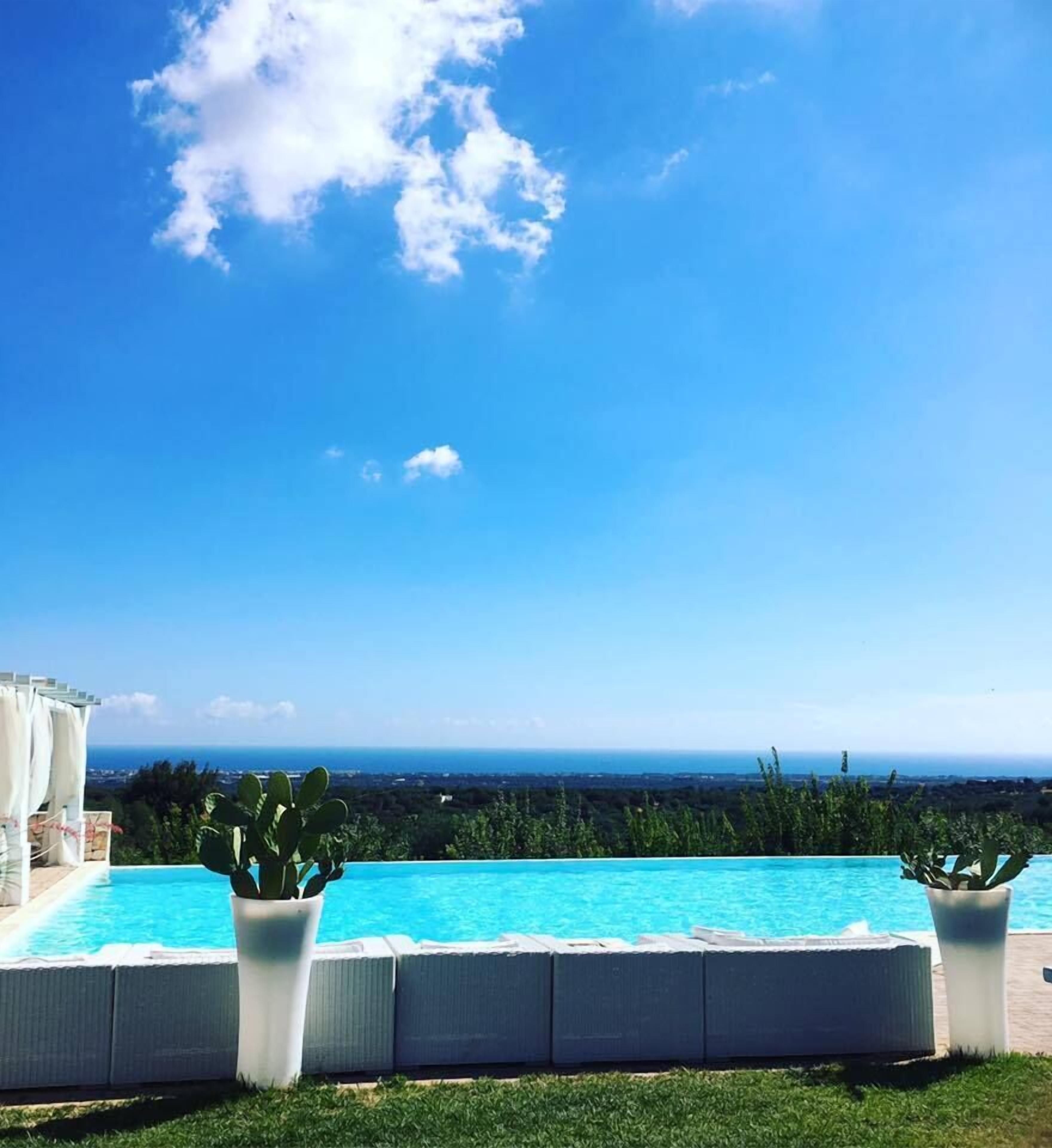 A clear blue sky with a pool and potted plants in the foreground.