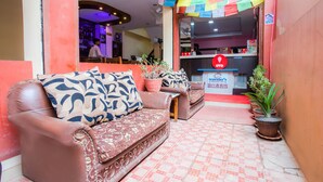 A hotel lobby with a reception desk, a sofa, and potted plants.