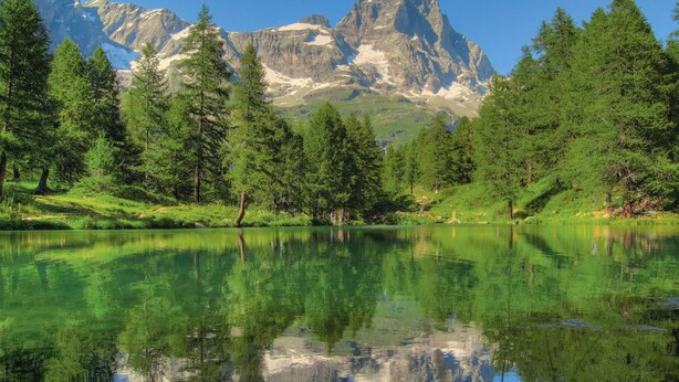 Un paysage de montagne avec un lac dans lequel se reflètent les arbres et les montagnes.