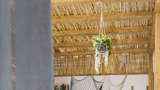 A room with a bed, a hammock, a wooden chair, and a hanging plant. - Blue Jasmine Suites (Rhodes)