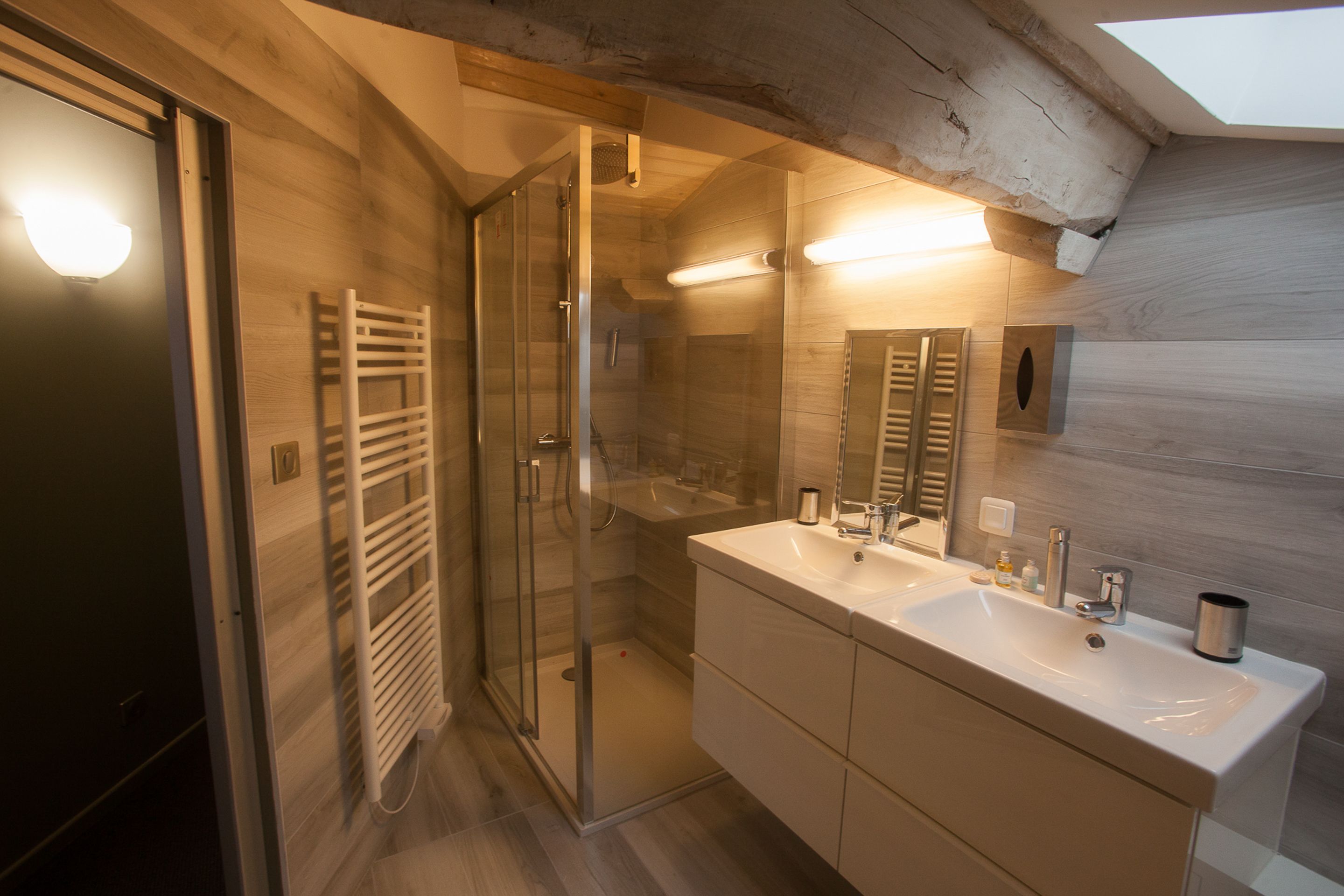A modern bathroom with a glass shower enclosure, a double sink vanity, and a skylight above.