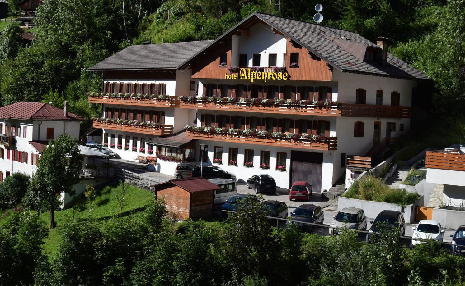 Un hotel con facciata bianca, balconi fioriti e un cartello con su scritto 'Hotel Alpenrose'.
