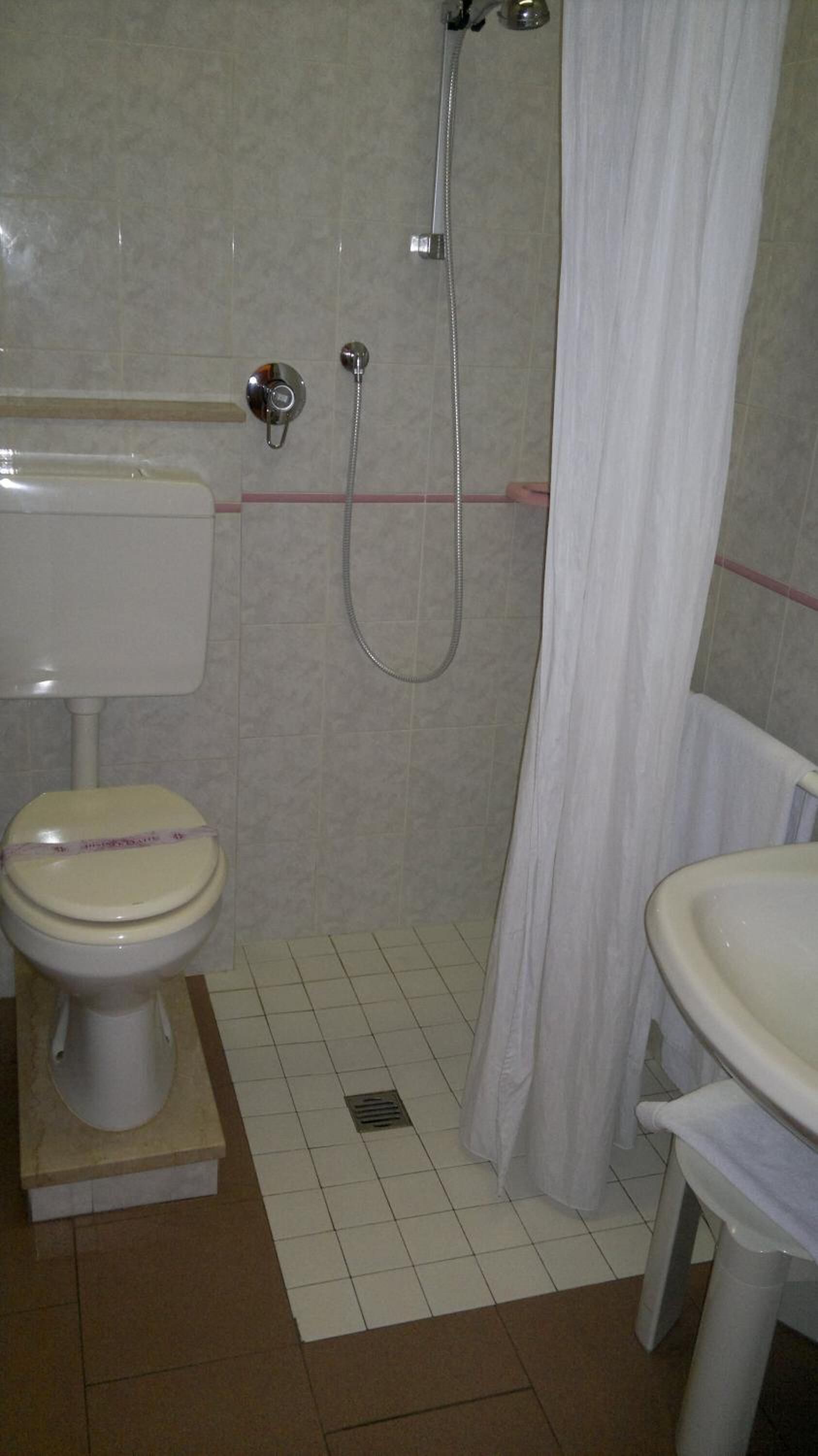 Une salle de bain équipée de toilettes, d’un lavabo, d’une douche et d’un rideau.