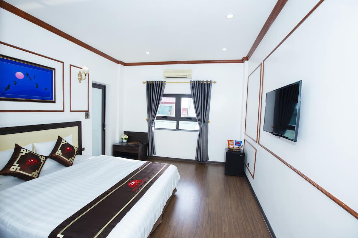 Une chambre d’hôtel avec un grand lit, un téléviseur à écran plat, un appareil de climatisation, une fenêtre avec des rideaux et un tableau encadré au mur.
