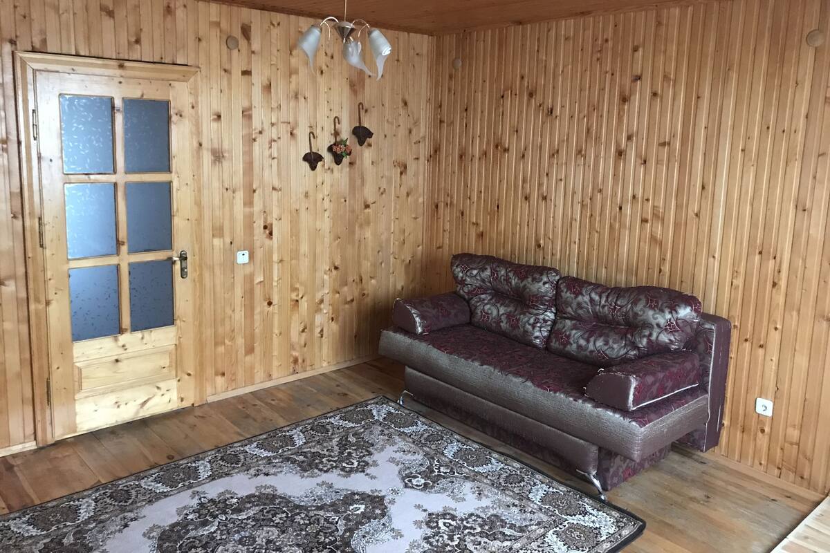 Ein Zimmer mit Holzvertäfelung, einer Couch, einem gemusterten Teppich und einer Deckenleuchte.