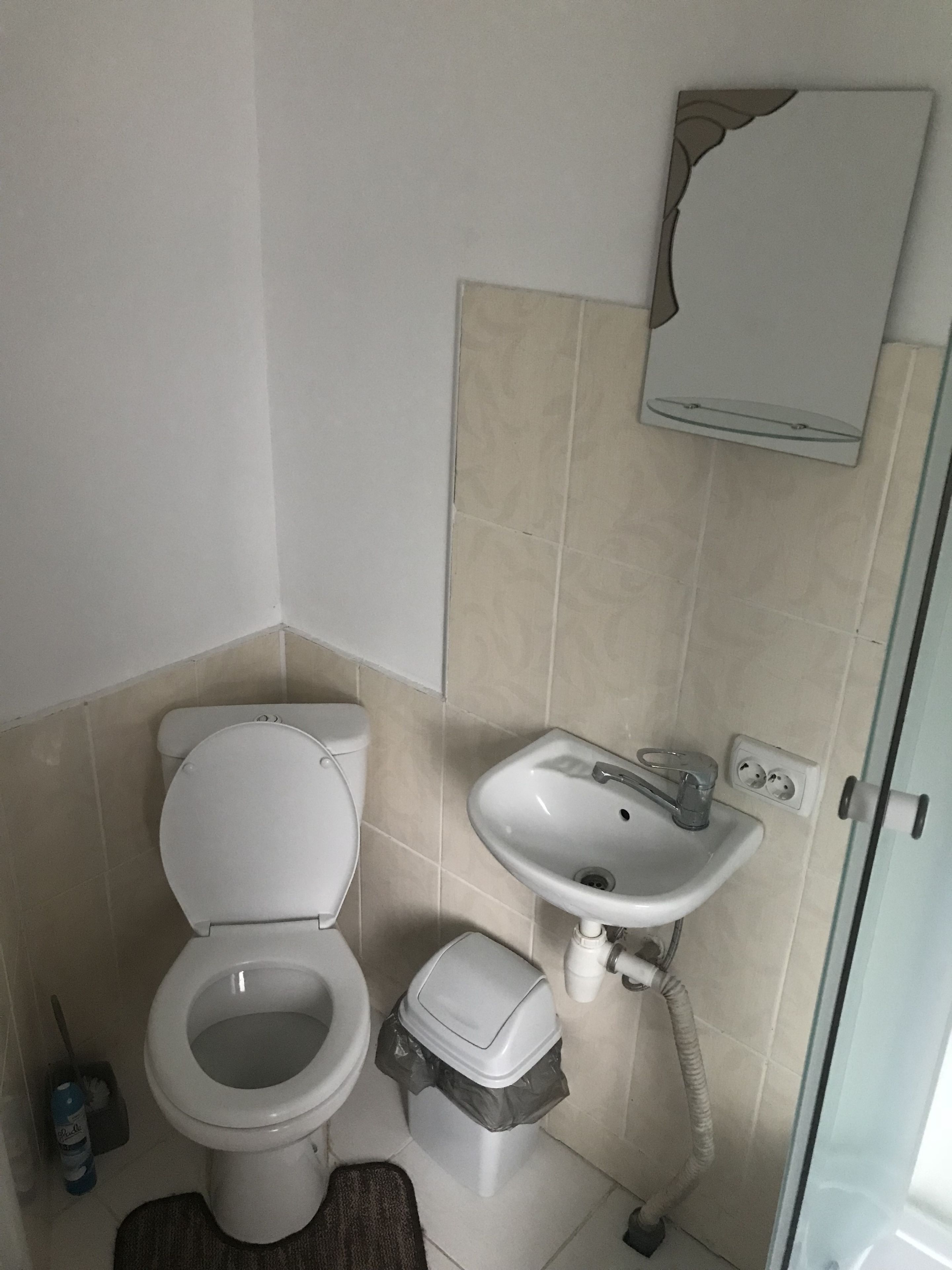 A bathroom with a toilet, sink, and trash bin.
