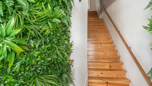 Een houten trap met een groene plantenmuur aan de linkerkant.
